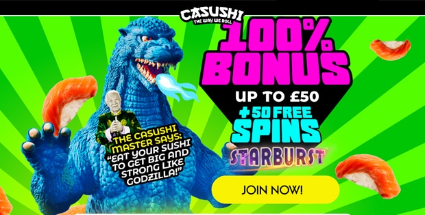 Casushi Casino: up to £50 + 50 Spins!